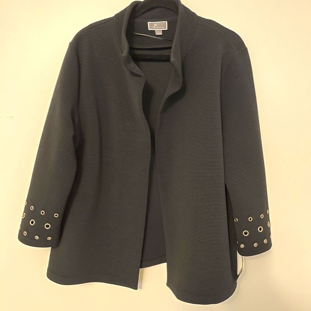 JM Collection NWT Black Front Open 3/4 Sleeve Gold Detail Blazer Sz L